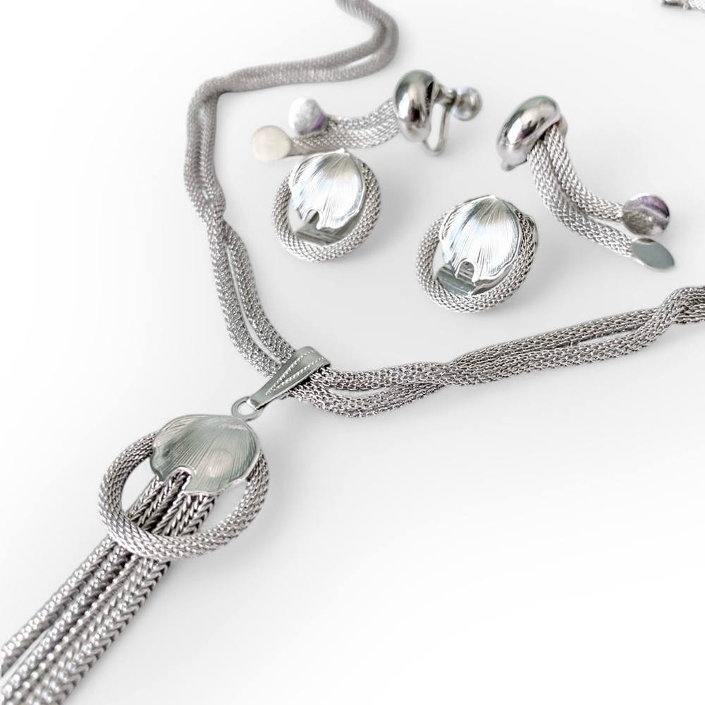 Vintage Continental Silver-tone Mesh Jewelry Set Necklace Earrings Pairs Lot - Picture 2 of 9